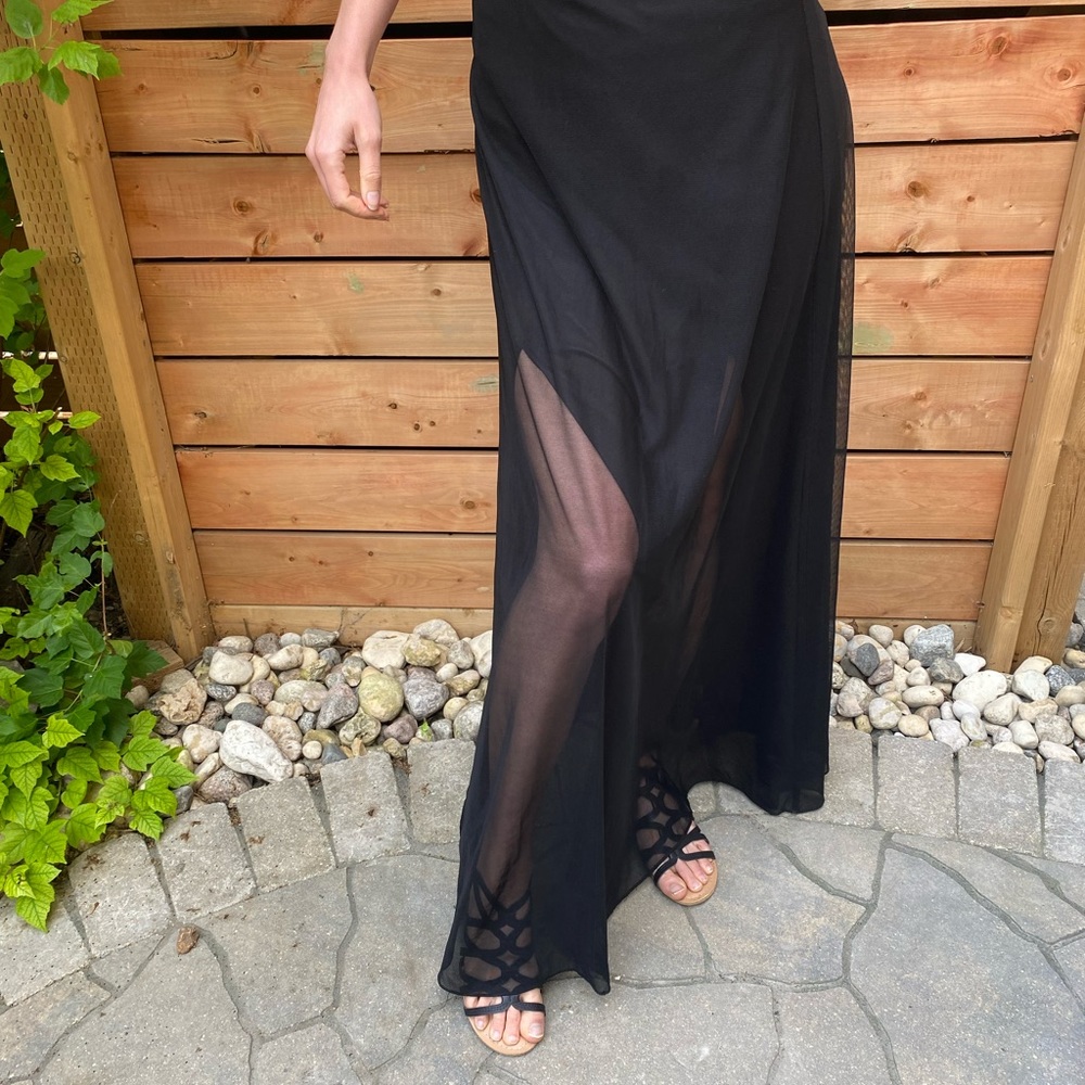 Sheer Layered Black Maxi Skirt With Slitted Leg
